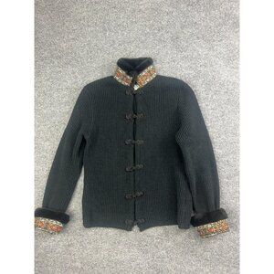 Embellished-Trim Black Knit Cardigan with Decorative Frog Closures